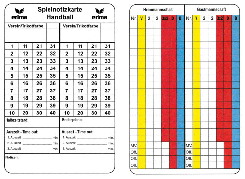 Erima Spiel-Notizkarten für Handball-Schiedsrichter 50 Stück