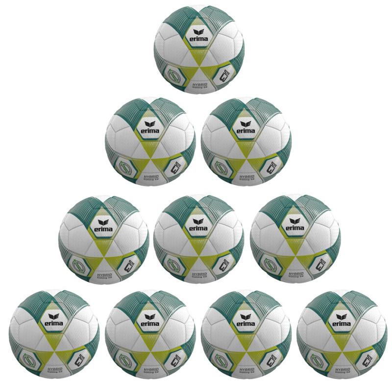 10er Ballpaket / Ballset Erima Fußball Hybrid Training 2.0 metallic green/silver/lime Gr. 3